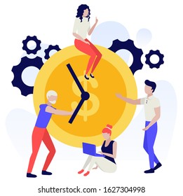 Times is money. Time management. Time planning, business deadline. Transfer of time back. Concept of work time management. Human characters on white background. Color vector illustration