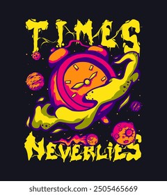 Times Never Lies Clock and Planet Thematisiertes Illustrationsdesign für T-Shirt Print, Poster Design, Streetwear, Tote Bag und andere