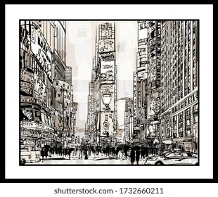 Times Square Area In Manhattan, New York  - Vector Illustration (Ideal For Printing On Fabric Or Paper, Poster Or Wallpaper, House Decoration)