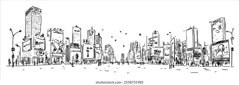 Times Square in New York City panorama hand drawing doodle hatching vector sketch