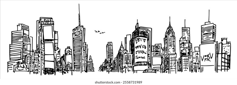 Times Square in New York City panorama hand drawing doodle hatching vector sketch