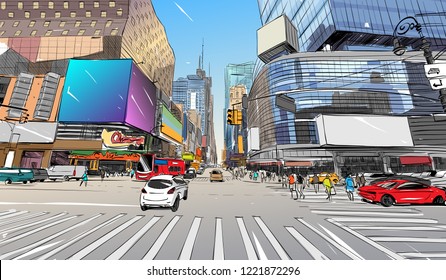 Times Square. New York. USA. Hand Drawn City Sketch. Vector Illustration.