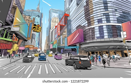 Times Square. New York. USA. Hand Drawn City Sketch. Vector Illustration.