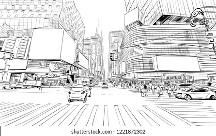 Times square. New York. USA. Hand drawn city sketch. Vector illustration.