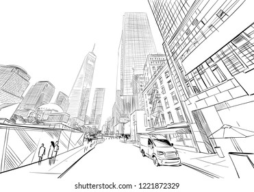 Times square. New York. USA. Hand drawn city sketch. Vector illustration.