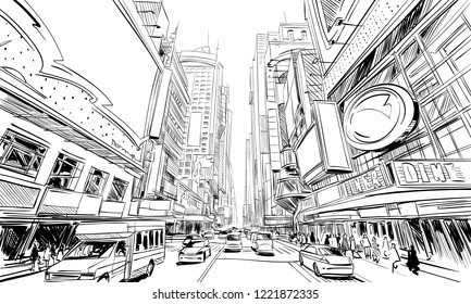 Times Square. New York. USA. Hand Drawn City Sketch. Vector Illustration.