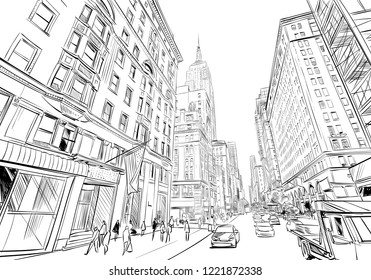 Times square. New York. USA. Hand drawn city sketch. Vector illustration.