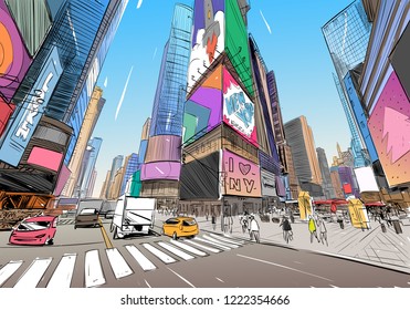 Times Square. New York. USA. Hand Drawn City Sketch. Vector Illustration.