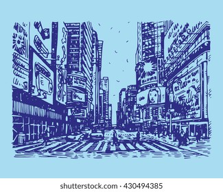 Times Square in New York, USA. Sketch by hand. Vector illustration. Engraving style