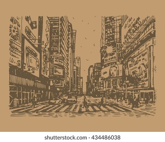 Times Square in New York, USA. Sketch by hand. Vector illustration. Engraving style