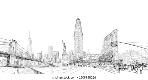 Times square. New York. USA.City panorama. Collage of landmarks. Vector illustration. Urban sketch. 