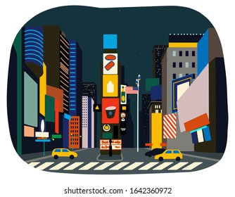 Times Square at night, New York, NY, USA. Vector illustration. Travel landmark.