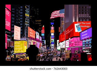 Times Square at night - vector illustration (all advertisements are fictitious)