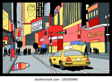 Times Square Night View - New York City Illustration.