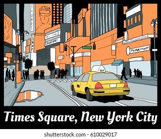 Times Square night view postcard - colorful New York City illustration with yellow cab.