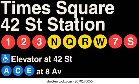 Times Square subway entrance signs and directions in Manhattan, New York City