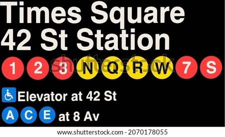 Times Square subway entrance signs and directions in Manhattan, New York City