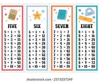 Times tables vector set. Printable multiplication table of five, six, seven and eight. Mathematical printout template for elementary school students in funny educational design.