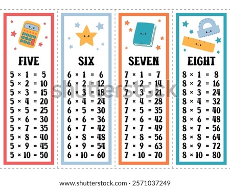 Times tables vector set. Printable multiplication table of five, six, seven and eight. Mathematical printout template for elementary school students in funny educational design.