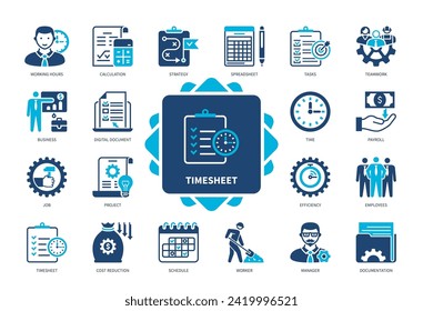 Timesheet-Icon-Einstellung. Mitarbeiter, Tabellenkalkulation, Aufgaben, Arbeitszeiten, Dokumentation, Gehaltsabrechnung, Berechnung, Kostensenkung. Duotone-Farbsymbole