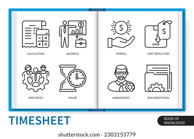 Conjunto de elementos de infografía del parte de horas. Empleados, administración, negocios, horas, documentación, nómina, cálculo, reducción de costos. colección de iconos lineales de vector web