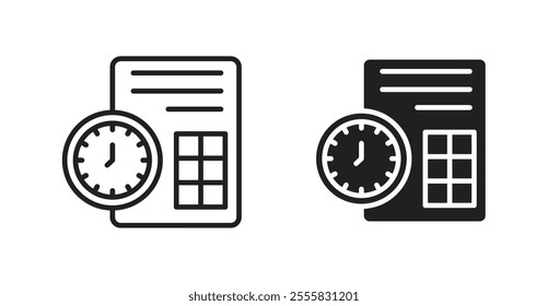 Timesheet outlined and solid icon vector collection.