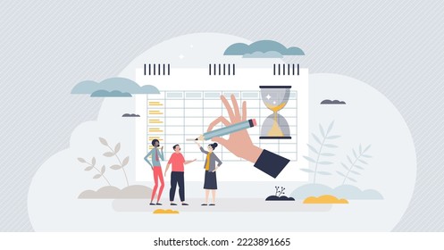 Hojas de tiempo y cronograma de horas de trabajo personal concepto de persona pequeña. Calendario mensual, semanal o anual del período con la planificación de reuniones y la ilustración vectorial de la información sobre la organización de proyectos.
