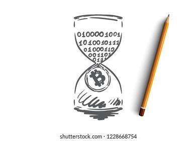 Timestamp, bitcoin, blockchain, currency, digital concept. Hand drawn passive income, mining concept sketch. Isolated vector illustration.