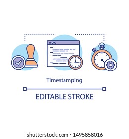 Timestamping concept icon. Network management idea thin line illustration. Electronic timestamp for order monitoring. Stopwatch and stamp. Vector isolated outline drawing. Editable stroke