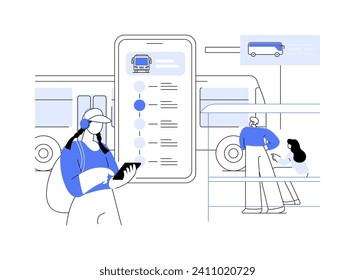 Ilustración vectorial de concepto abstracto de aplicación de tiempo. Niña hipster usando la aplicación de horarios para smartphones cuando espera un autobús urbano, transporte urbano, metáfora abstracta del transporte público.