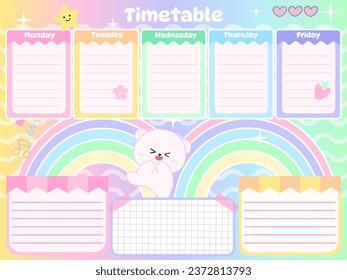 Timetable Chalkboard diary kids inspiration notebook elements sticker design personal template kawaii cartoon animal character on paper planner for school timetable notes 