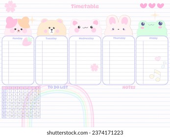 Timetable Chalkboard diary kids inspiration notebook elements sticker design personal template kawaii cartoon animal character on paper planner for school timetable notes 