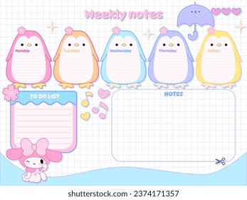 Timetable Chalkboard diary kids inspiration notebook elements sticker design personal template kawaii cartoon penguin animal character on paper planner for school timetable notes 