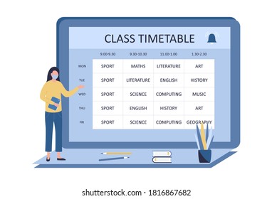 Timetable Class, Online Lesson Schedule Concept. The Teacher In A Protective Mask With A Tablet Near The Curriculum. Study Under The Conditions Of Coronavirus, Quarantine. Vector Flat Illustration