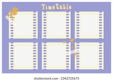 Calendario de clases, calendario violeta semanal. Planilla de información organizadora, película, huella de camomila, herbario. Ilustración del vector