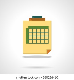 Timetable with clip. Yellow sheet with green spreadsheet. Business organization, management. Flat color style vector icon. Element for web design, business, mobile app.