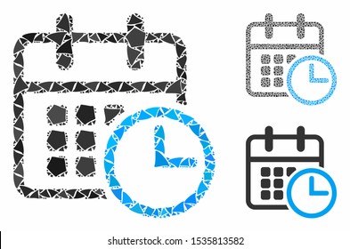 Timetable clock mosaic of unequal pieces in different sizes and shades, based on timetable clock icon. Vector abrupt elements are grouped into mosaic.