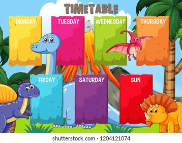 Timetable con ilustraciones de plantillas de dinosaurios coloridas