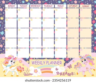 Timetable with cute cartoon unicorns and flowers. Rainbow girly weekly planner. Ready to print vector design of timetable for baby girls with magic pony. Kids schedule of classes. Vector illustration.