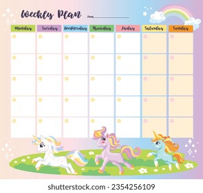 Timetable with cute cartoon unicorns. Rainbow girly weekly planner. Ready to print vector design of timetable for baby girls with magic horses. Kids schedule of classes. Vector illustration.