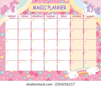 Horario con adorables unicornios de dibujos animados y arco iris. Planificador semanal de Girlish. Listo para imprimir el diseño vectorial de horarios para niñas con poni mágico. Calendario de clases para niños. Ilustración vectorial.