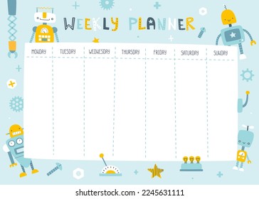 Timetable with cute robots. Funny weekly planner. Scandinavian vector design of timetable for baby boys.