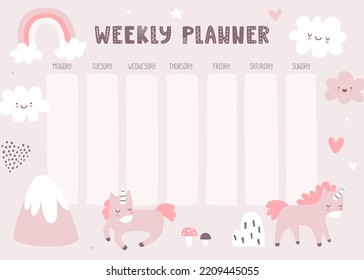 Timetable with cute unicorns. Girly pink weekly planner. Scandinavian vector design of timetable for baby girls.