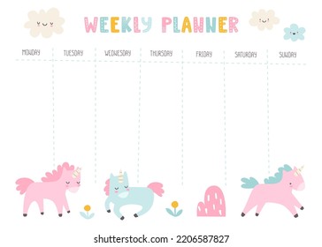 Timetable with cute unicorns. Girly weekly planner. Scandinavian vector design of timetable for baby girls. 