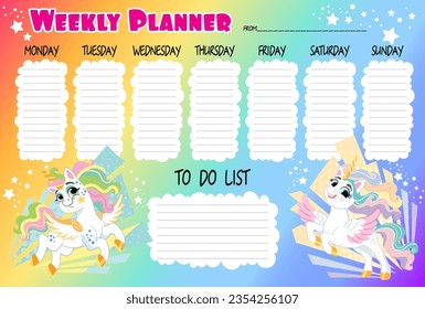 Timetable with cute unicorns. Rainbow girly weekly planner. Ready to print vector design of timetable for baby girls with magic horses. Kids schedule of classes. Vector illustration.