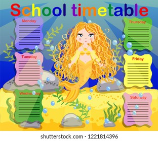 Timetable with days of weeks for school. schedule for children with cartoon mermaid and turtle.