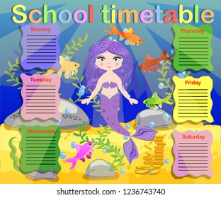 Timetable with days of weeks for school. schedule for children with cartoon mermaid and turtle.