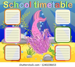 Timetable with days of weeks for school. schedule for children with cartoon mermaid