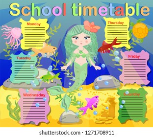 Timetable with days of weeks for school. schedule for children with cartoon mermaid and turtle