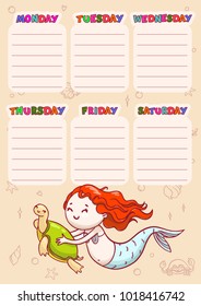 Timetable with days of weeks for school. Vector schedule for children with cartoon mermaid and turtle.